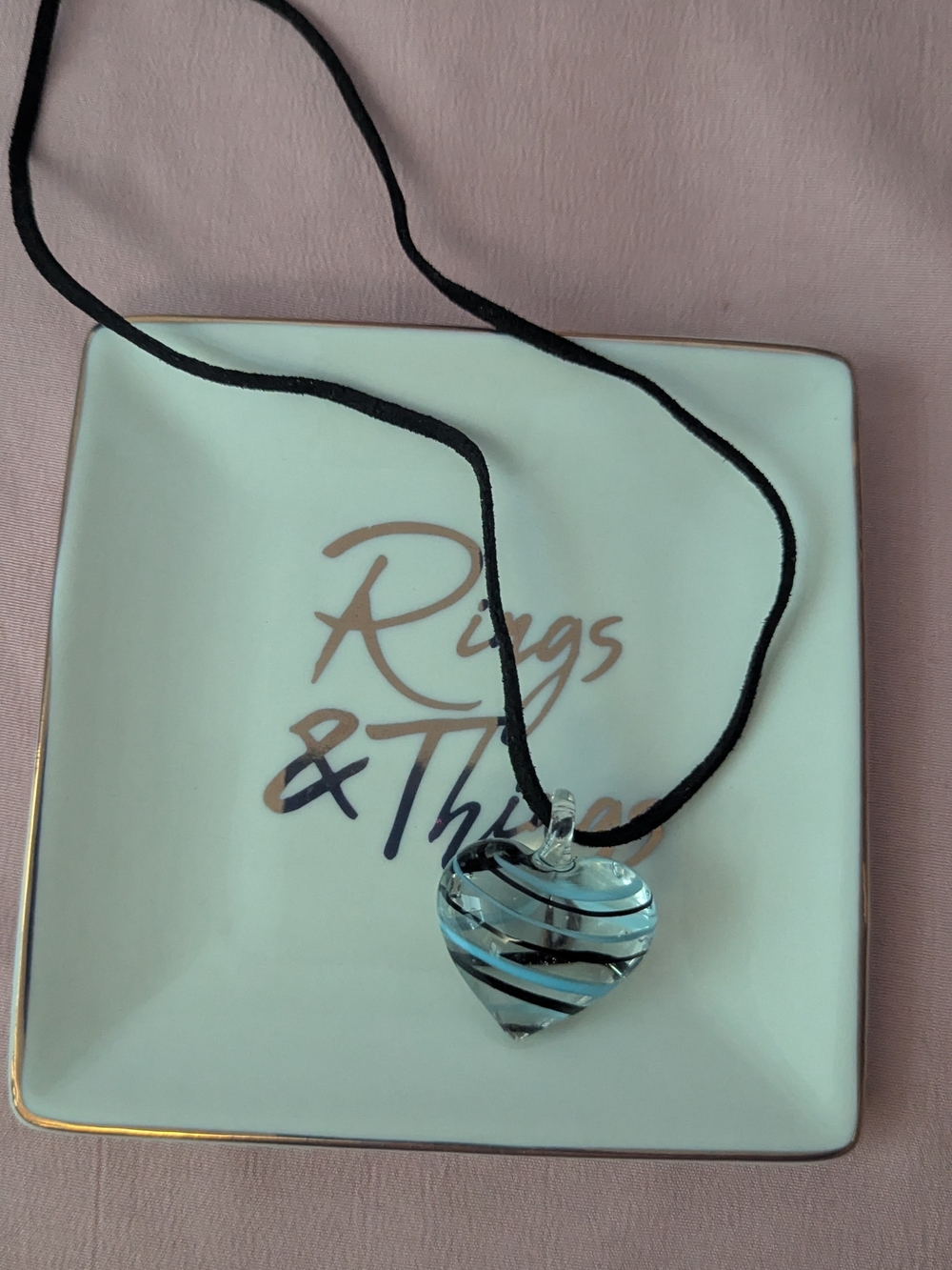 Black Cord Blue Striped Heart Glass Pendant Necklace